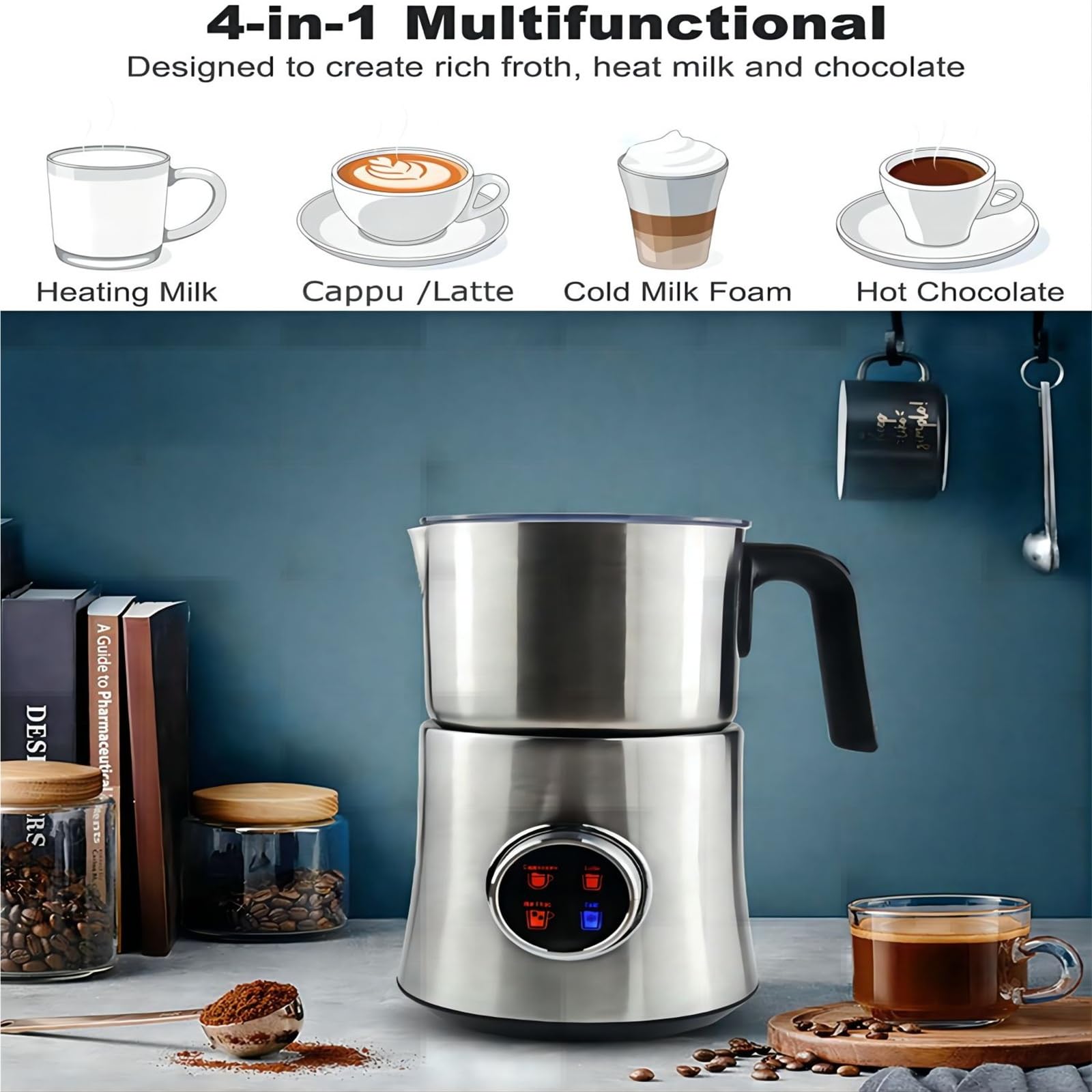 Elektryczny spieniacz do mleka 4 w 1, do kawy, 900 ml, automatyczny spieniacz do ciepłej i zimnej pianki, do latte cappuccino, macchiato