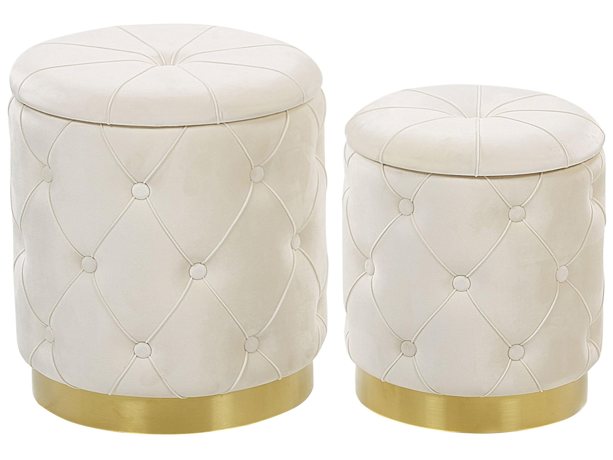 Lot 2 Poufs Coffres de Rangement en Velours Blanc Capitonné et Base en Acier Doré pour Chambre ou Salon au Design Glamour et Vintage Beliani