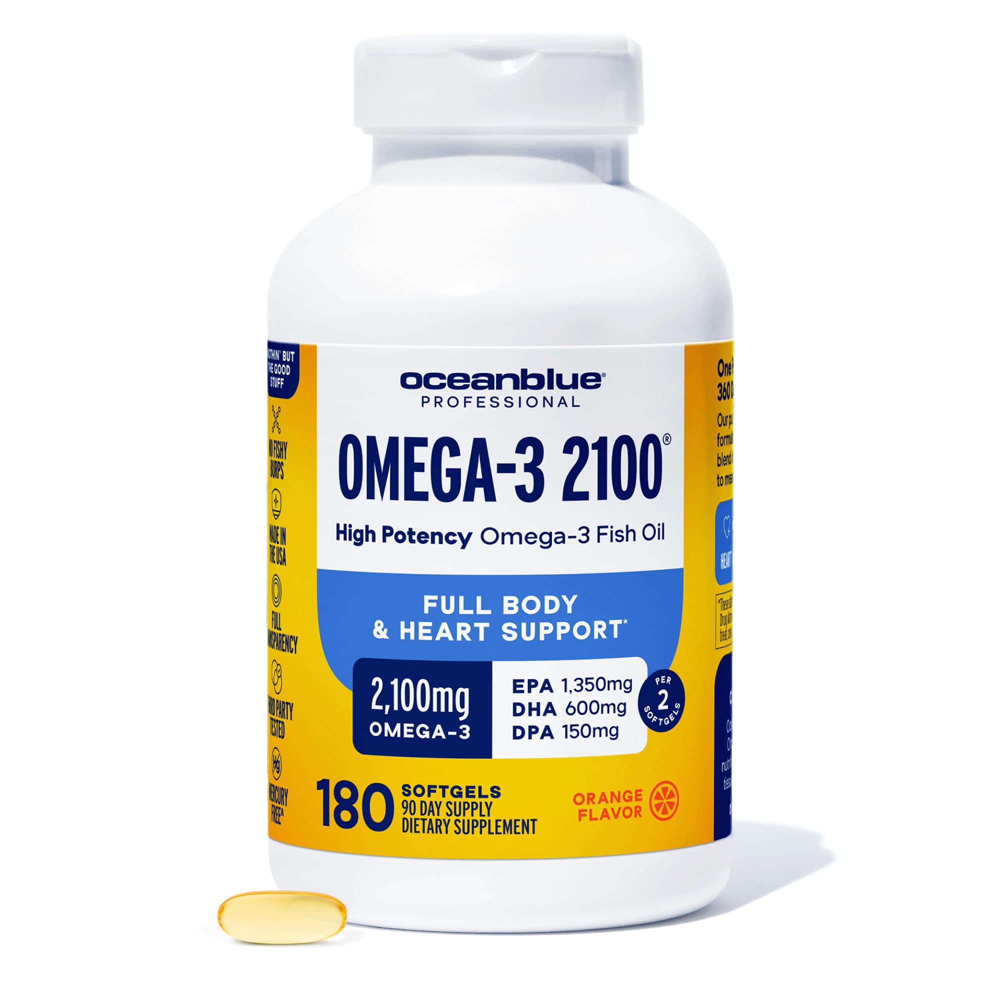 Oceanblue Omega-3 2100 – 180 ct – Triple Strength Burpless Fish Oil Supplement with High-Potency EPA, DHA, DPA – Wild-Caught – Orange Flavor (90 Servings)