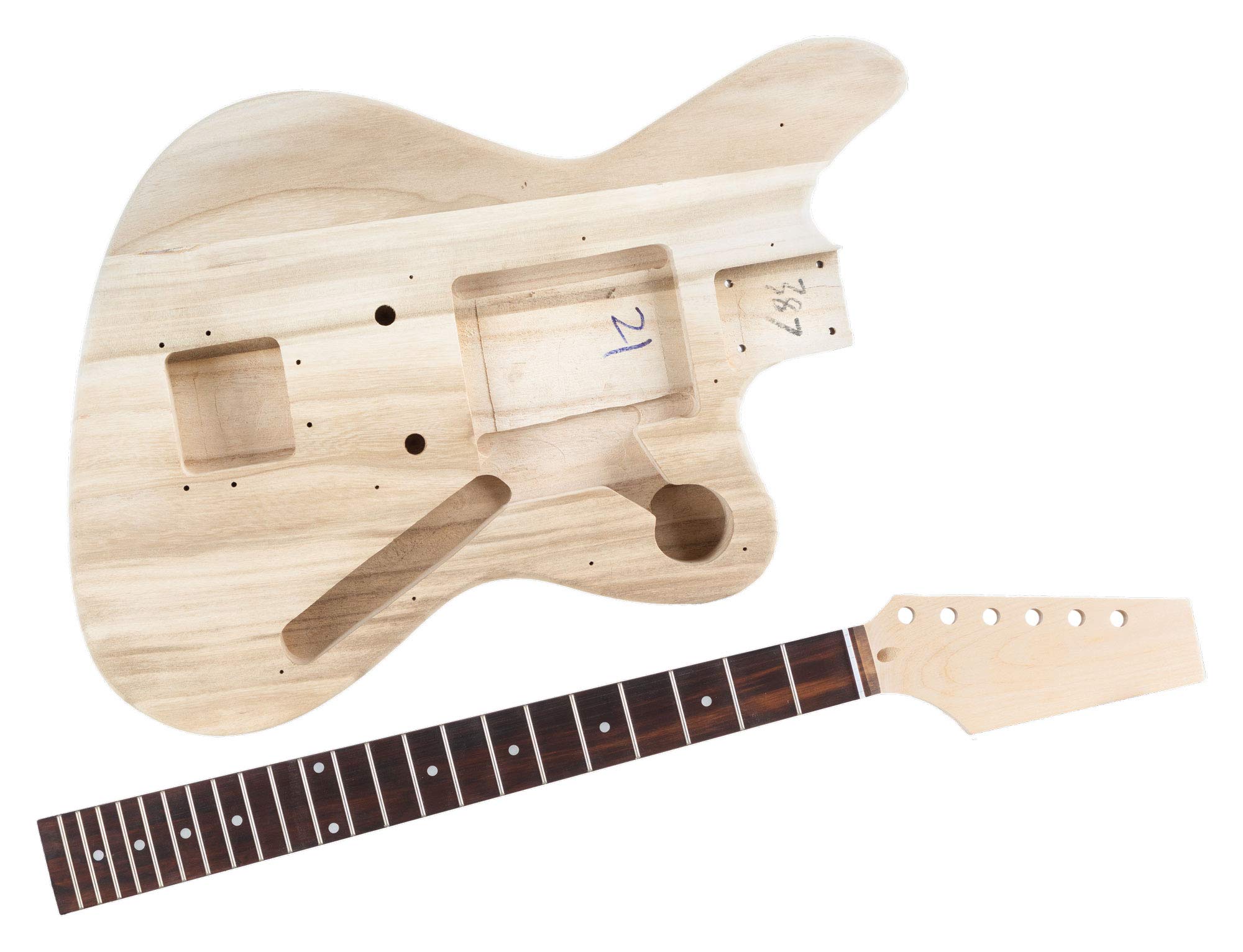 Rocktile Kit chitarra elettrica JAG-style solidbody DIY: tastiera palissandro, manico acero avvitato, corpo paulownia, 2 pickup Single-Coil, battipenna effetto tartaruga