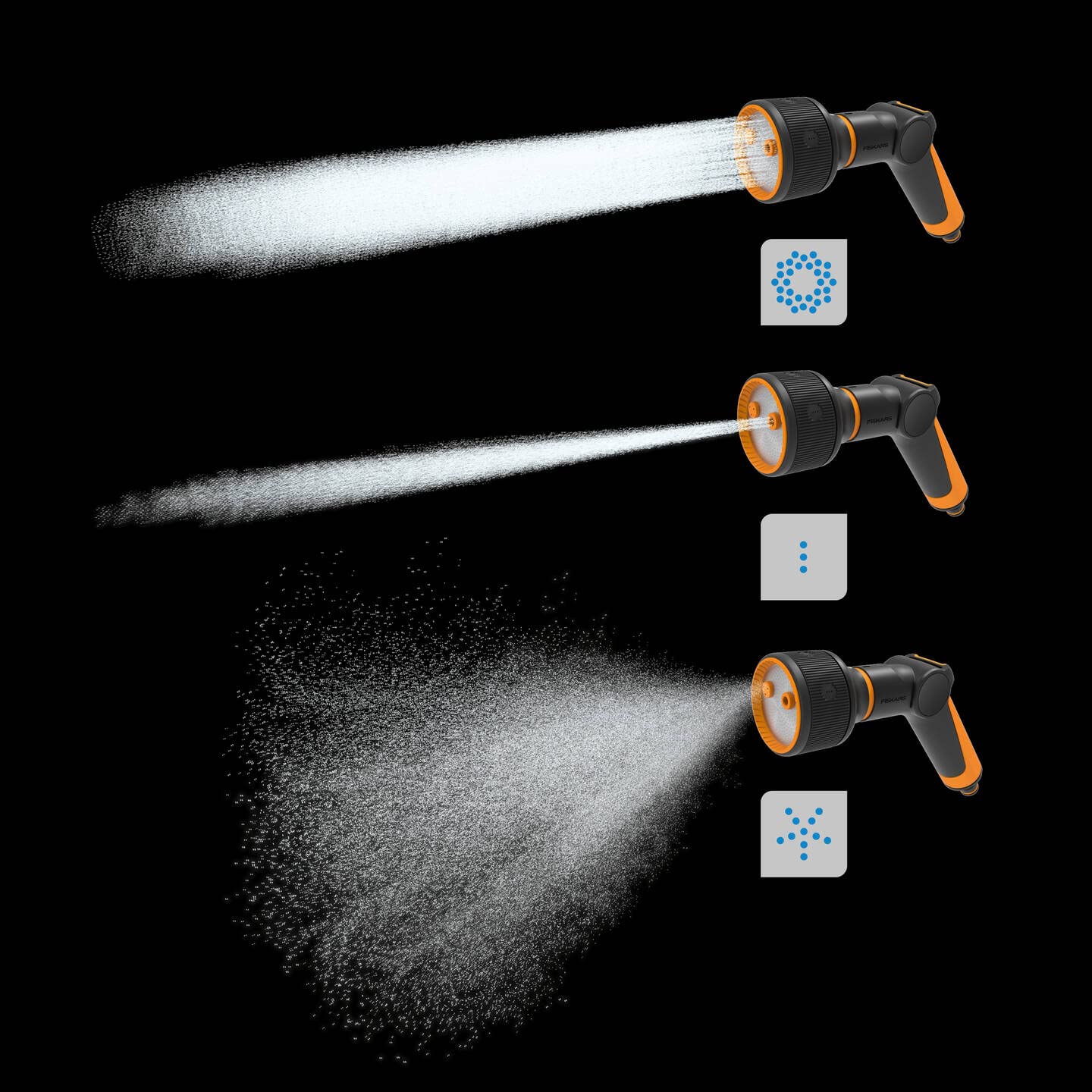 Fiskars Pistolet zraszający, 3 funkcje, strumień, mgiełka, strumień deszczowy, bezstopniowa regulacja przepływu za pomocą kciuka, rozmiar uniwersalny, czarny/pomarańczowy, 1065486