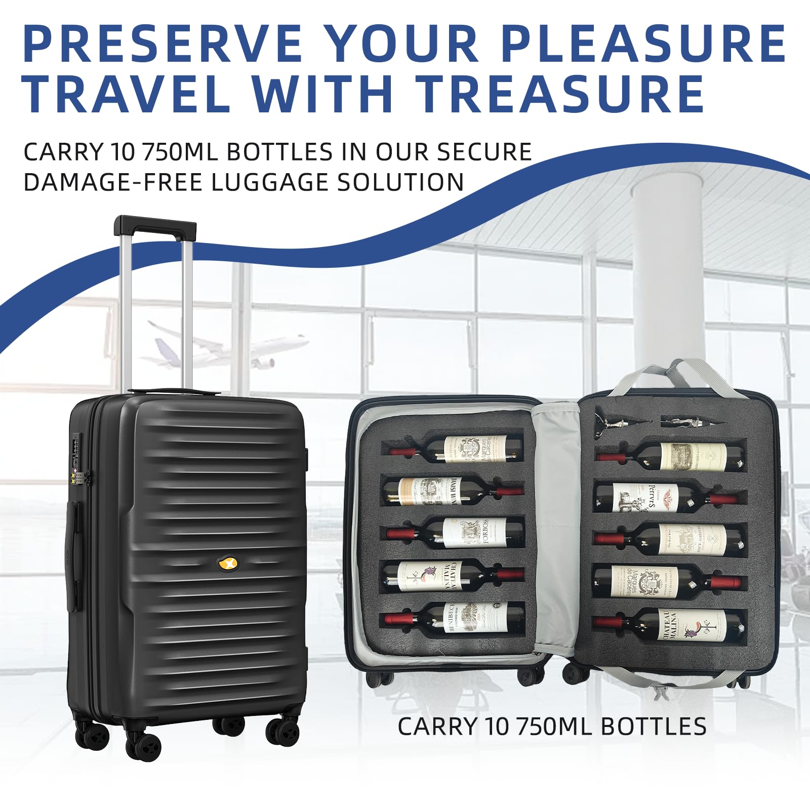 SERABETTO Wine Suitcase, 10 Bottle Luggage, Durable Travel Case with TSA Lock, Versatile Carrier with Removable Inserts and Silent Spinner Wheels (Black)
