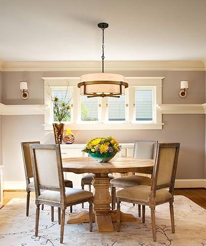 Miniatura 6 de Candelabro de tambor rústico de 4 luces para comedor con pantalla de tela blanca rota