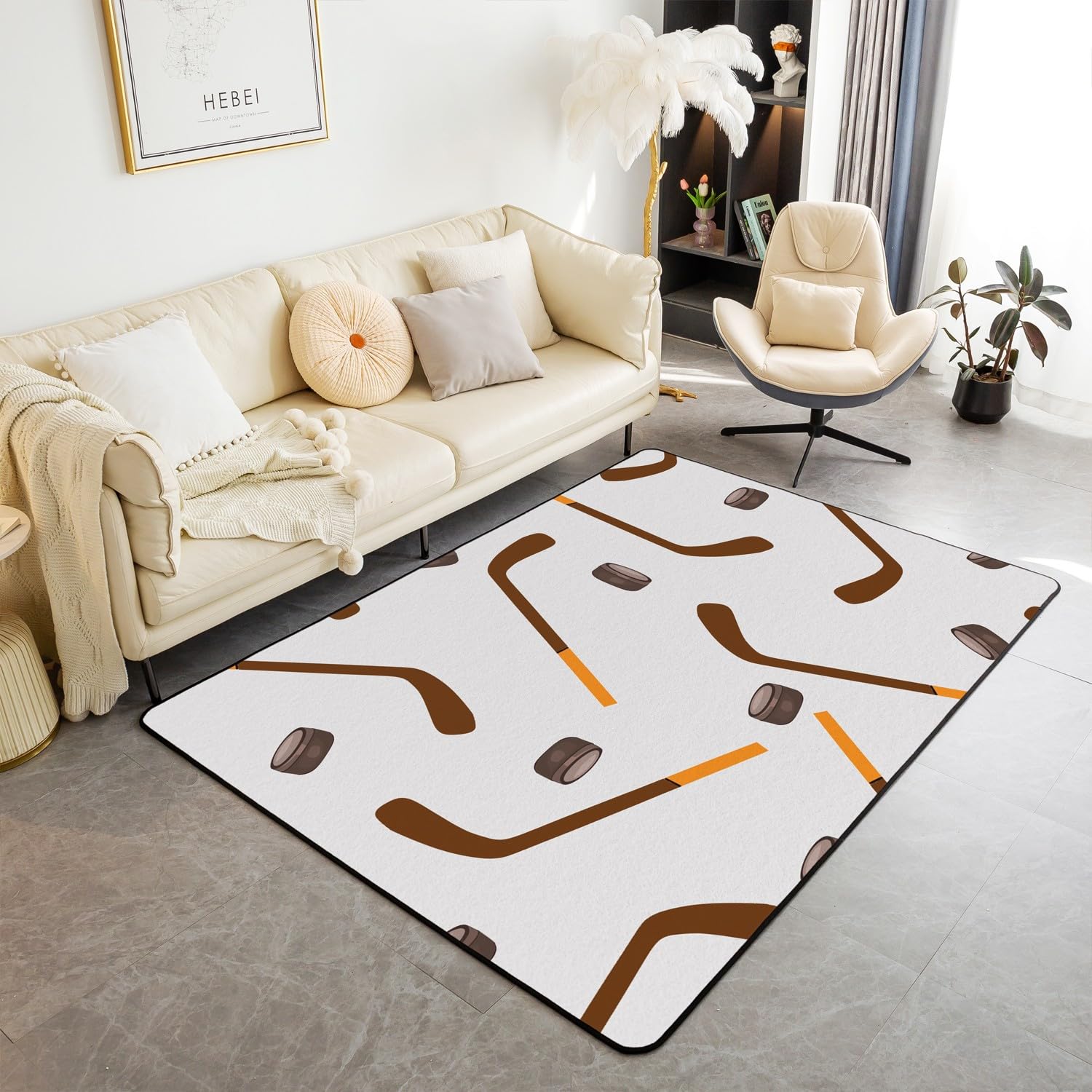 Loussiesd Alfombra decorativa gris de hockey sobre hielo, 150 x 200 cm, con dibujos animados de palos de hockey sobre hielo, para sala de estar, para niños y niñas, decoración de deportes de hielo