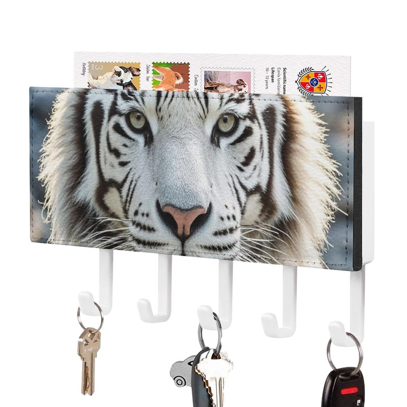 Fekiloot White-Style White Tiger Key Holder Wall Mount Key Hanger With 5 Hooks Decorative Key Rack Hanging Key Hooks With Mail Organizer Key Holder For Wall Living Room Kitchen Bathroom Hallway White