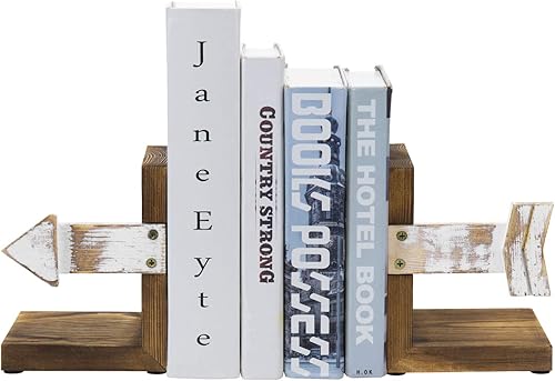 Miniatura 4 de MyGift Juego de 2 soportes rústicos para mesa, diseño de flecha encalada y madera marrón oscuro quemada