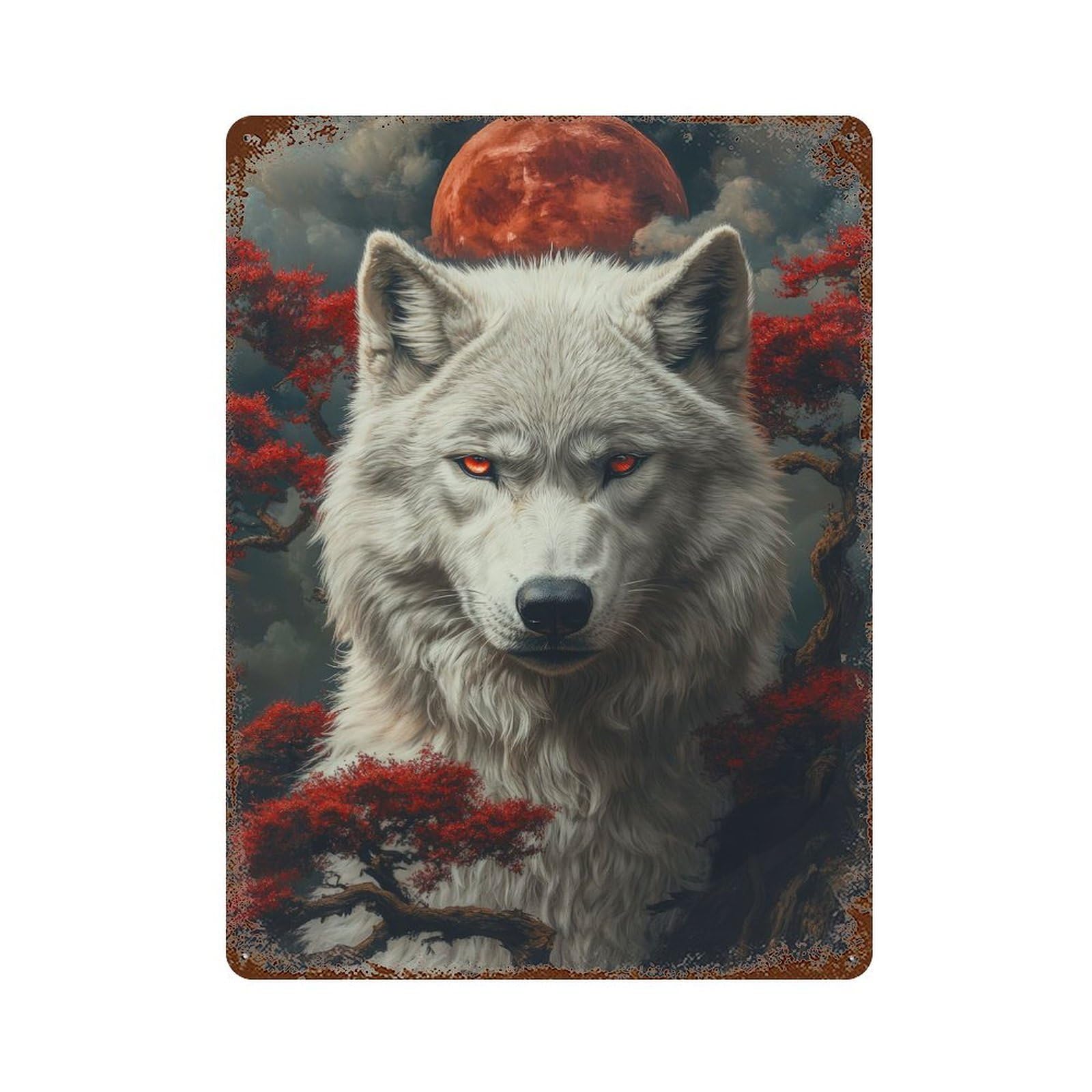 White Wolf Under Blood Moon Aged Metal Wall Plaque 15.7"x11.8", for Office, Studio And Wall Decor, Novelty Wall Decor