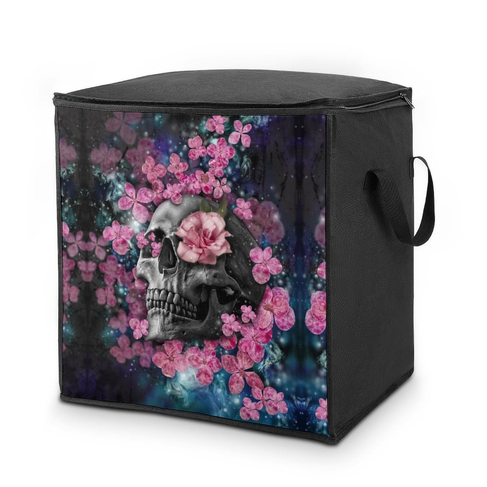 Lyfthologen 70L Storage Bags, Skull Flower Storage Box with Lid Zipper And Handles, Clothes Bags for Quilt, Blankets, Bedding