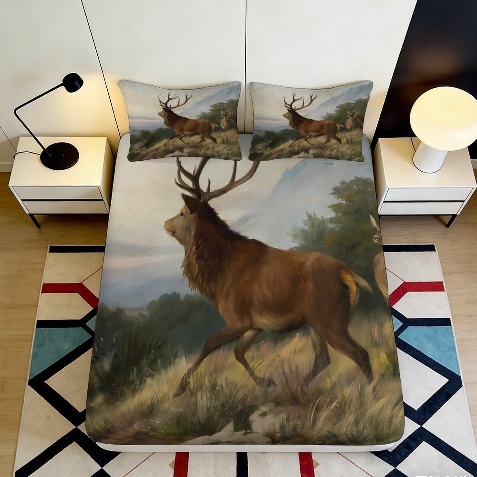 3D Printed Majestic Deer Fitted Sheet Microfiber Soft Woodland Stag Mattress Cover for Bedroom Guest Room Decor 200x200x25cm