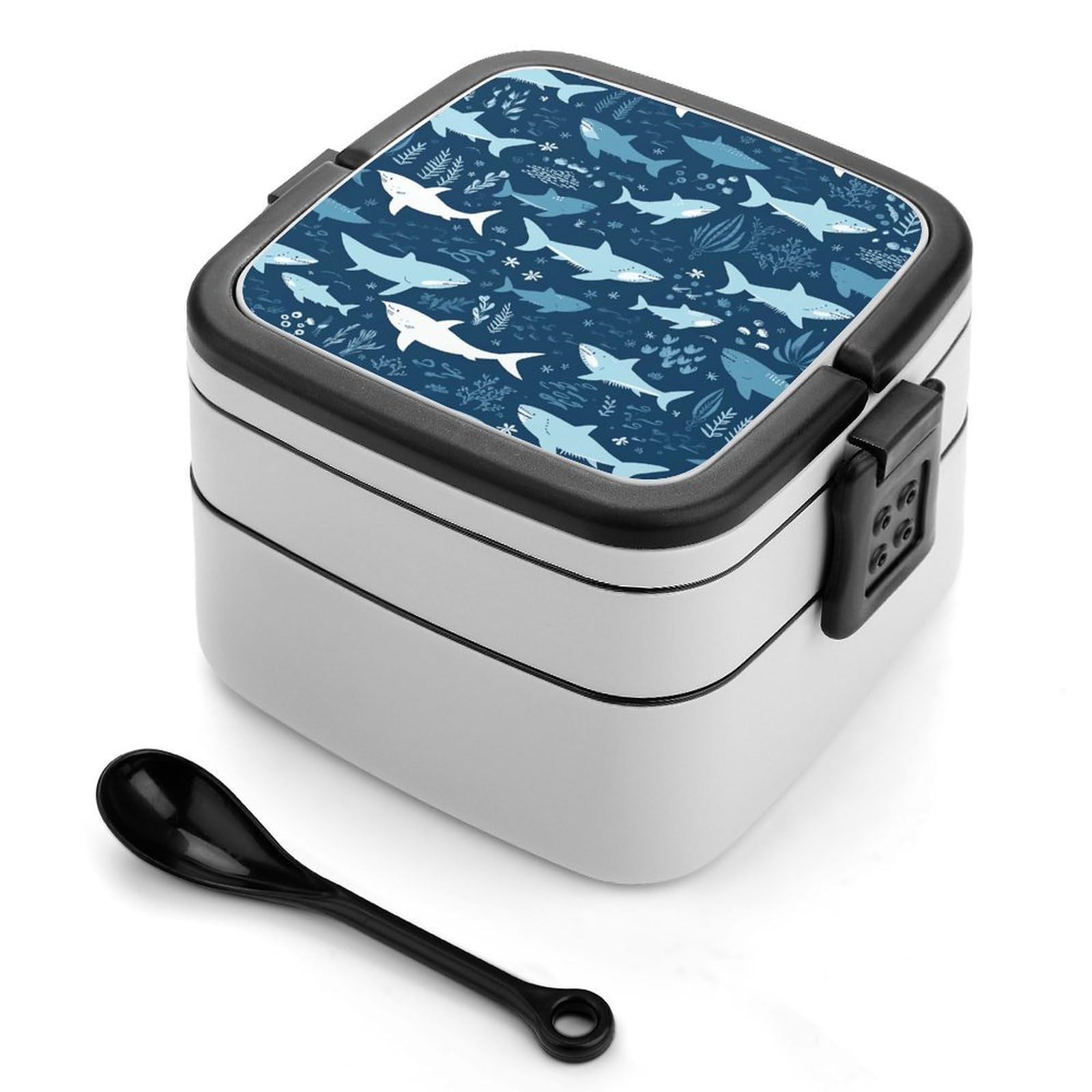 FekiLoot Sharksm Bento Box Adult Lunch Box Sealed Bento Lunch Boxes with Spoon Sturdy Double Layer Bento Boxes Snap-on Design Leak Proof Lunch Containers Ideal for Work