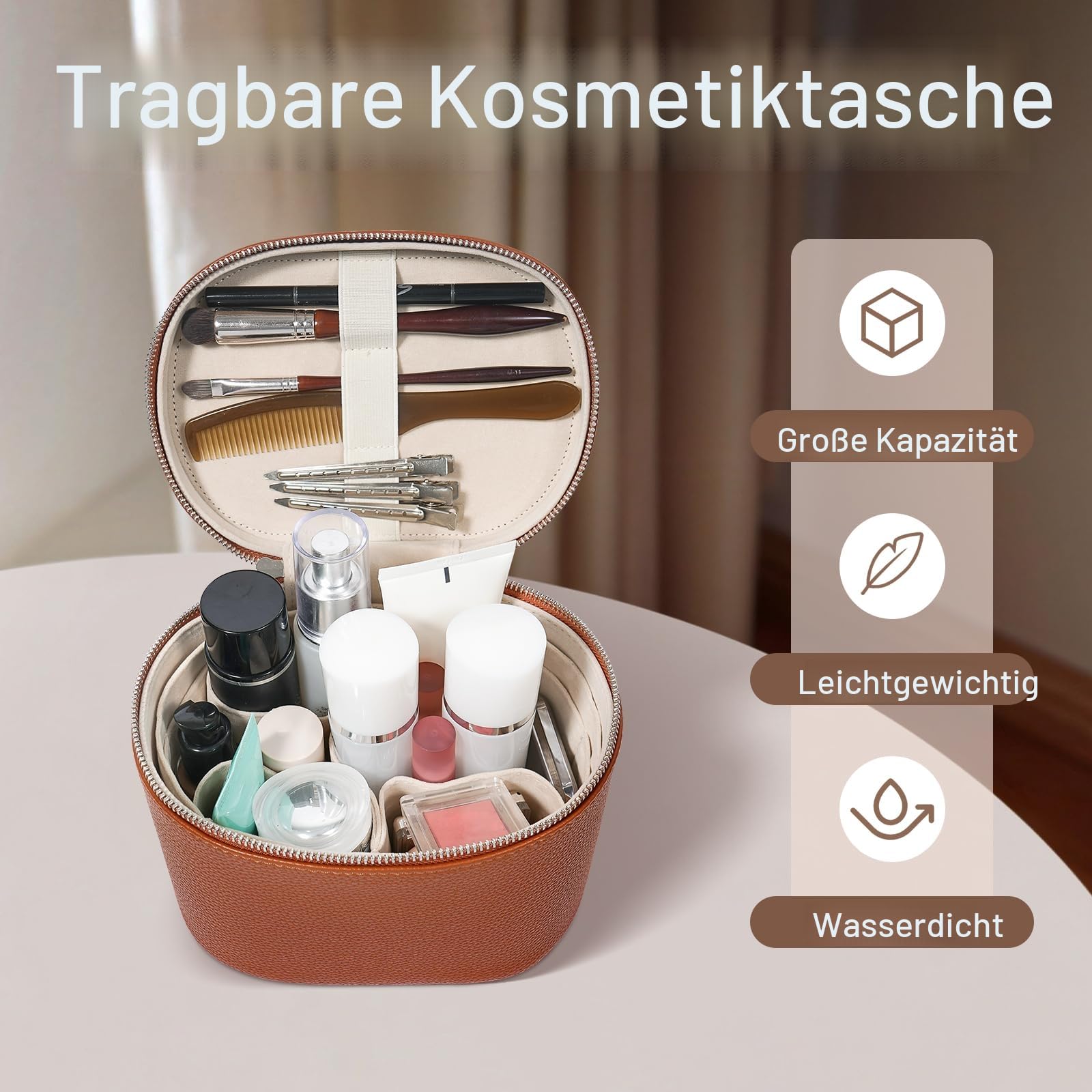 honitty Make-up-Tasche, Reise-Make-up-Tasche mit Fächern und Griff, tragbare Kosmetik-Organizer-Tasche, Kulturbeutel für Damen, Großes Gewebe, schwarz (19,3 x 14 x 15,2 cm), M(7.6*5.5*6 in), Schwarzes