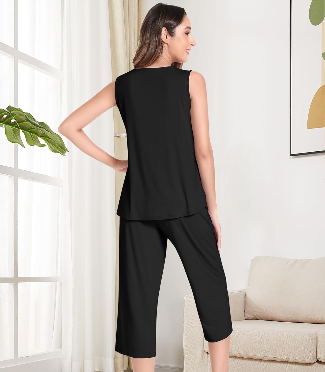 NACHILA Womens Pajamas-Viscose Made from Bamboo, Sleeveless Sleepwear Ribbed Tank Top Capri Pants Pajama Set Cool Pleated Pjs - Image 2