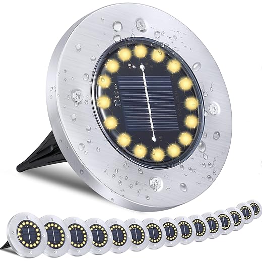 TenFen 12 Pack Solar Ground Lights, Waterproof 16LED Solar Lights Outdoor Garden, Upgraded Outdoor Bright in-Ground Lights, Landscape Lights for Pathway, Yard, Lawn, Patio, Step, Walkway (Warm Light)