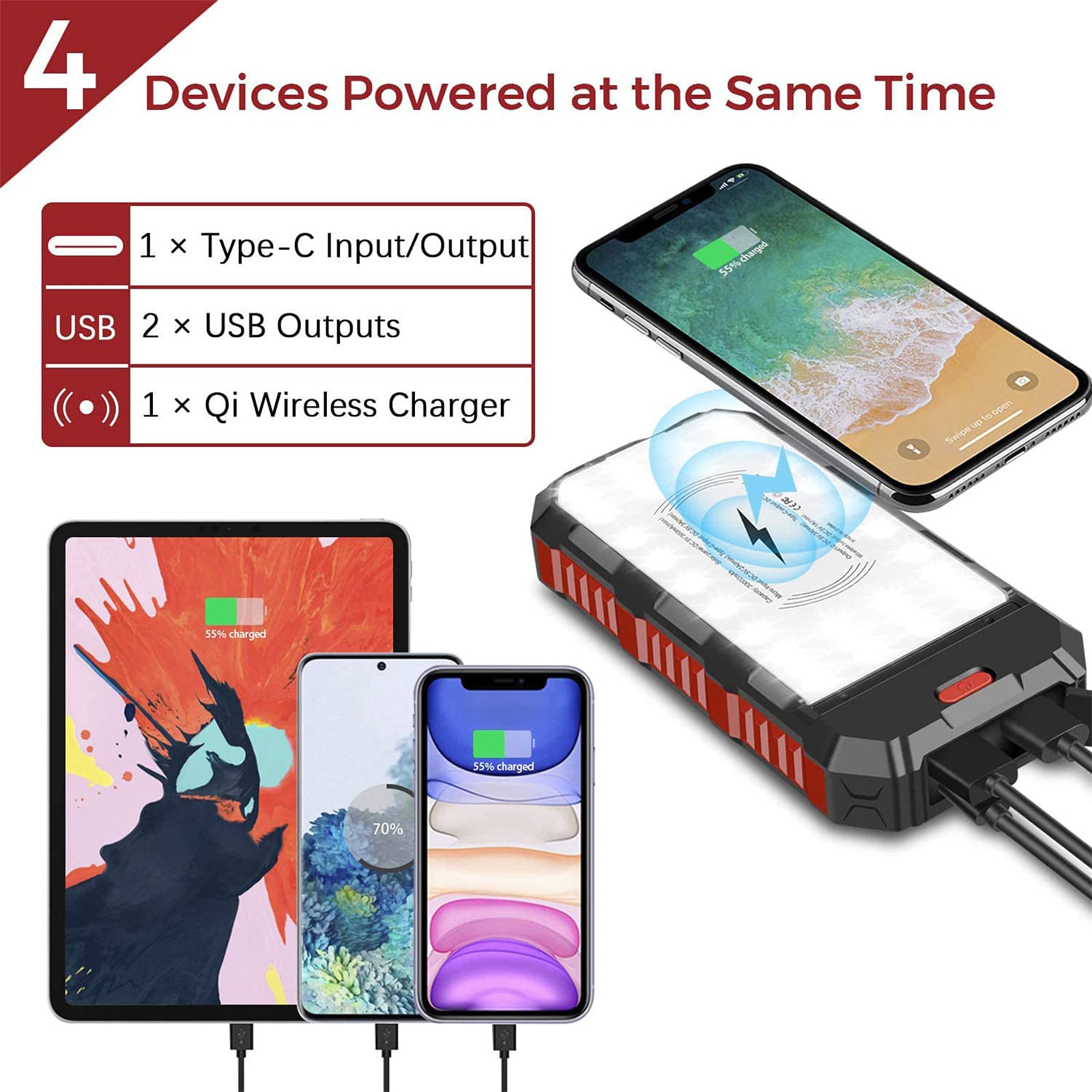 WFEI Banca di Carica del Caricatore Solare, Carica Rapida, Carica Wireless, Caricabatterie Portatile con Torcia Elettrica, Impermeabile per Esterno, Compatibile con Smartphone