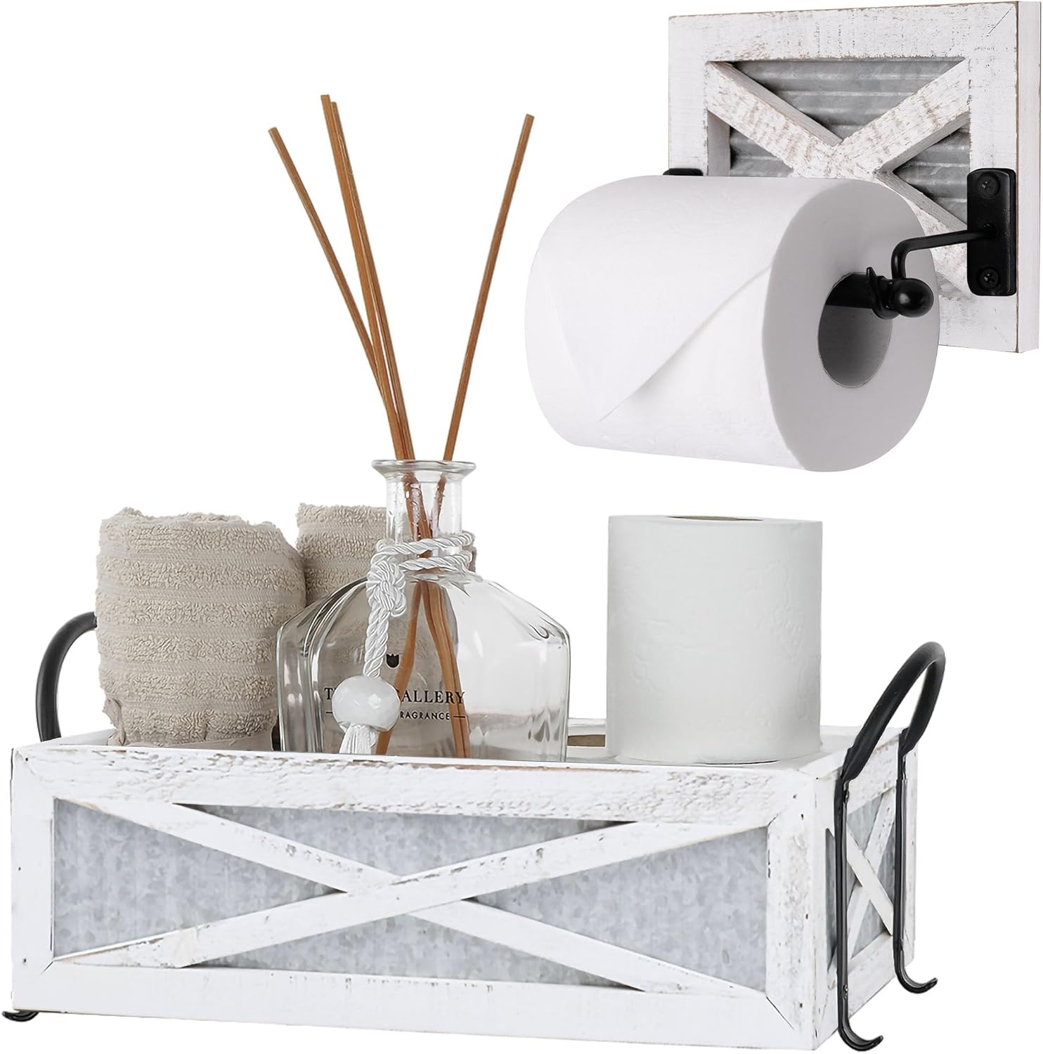 Autumn Alley Farmhouse Toilet Paper Holder & Basket Set - White Farmhouse Bathroom Organizer - Rustic Bathroom Accessories with Weathered Solid Wood, Galvanized Metal