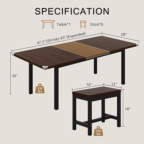 Miniatura 2 de Juego de mesa de comedor de 7 piezas, mesa de cocina extensible de 63 pulgadas con 6 taburetes, mesa de comedor moderna de mediados de siglo con
