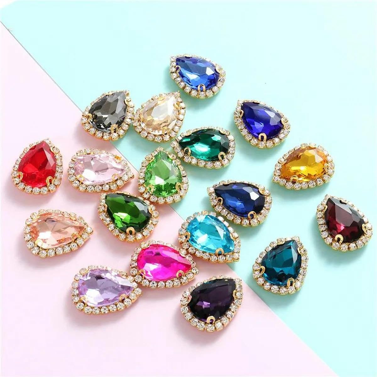 Bunte Strasssteine in Tropfenform zum Aufnähen aus Glas mit goldener Unterseite und flacher Rückseite für DIY-Kleidungszubehör-Rosa-13 x 18 mm-50 Stück