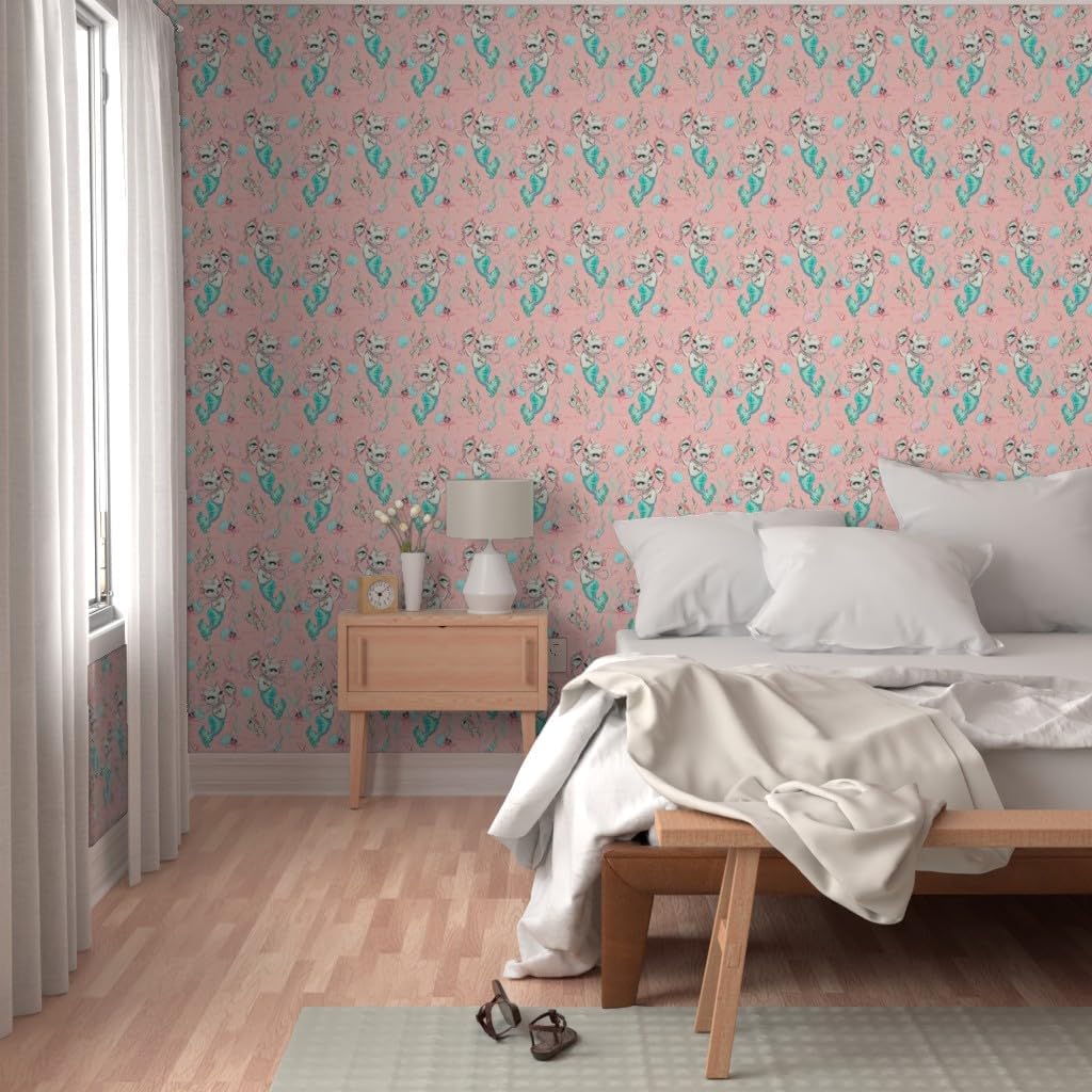 Removable Wallpaper 3ft x 2ft - Merkittens Small Vintage Retro Peach Mermaids Cats Kittens Custom Pre-Pasted Wallpaper by Spoonflower