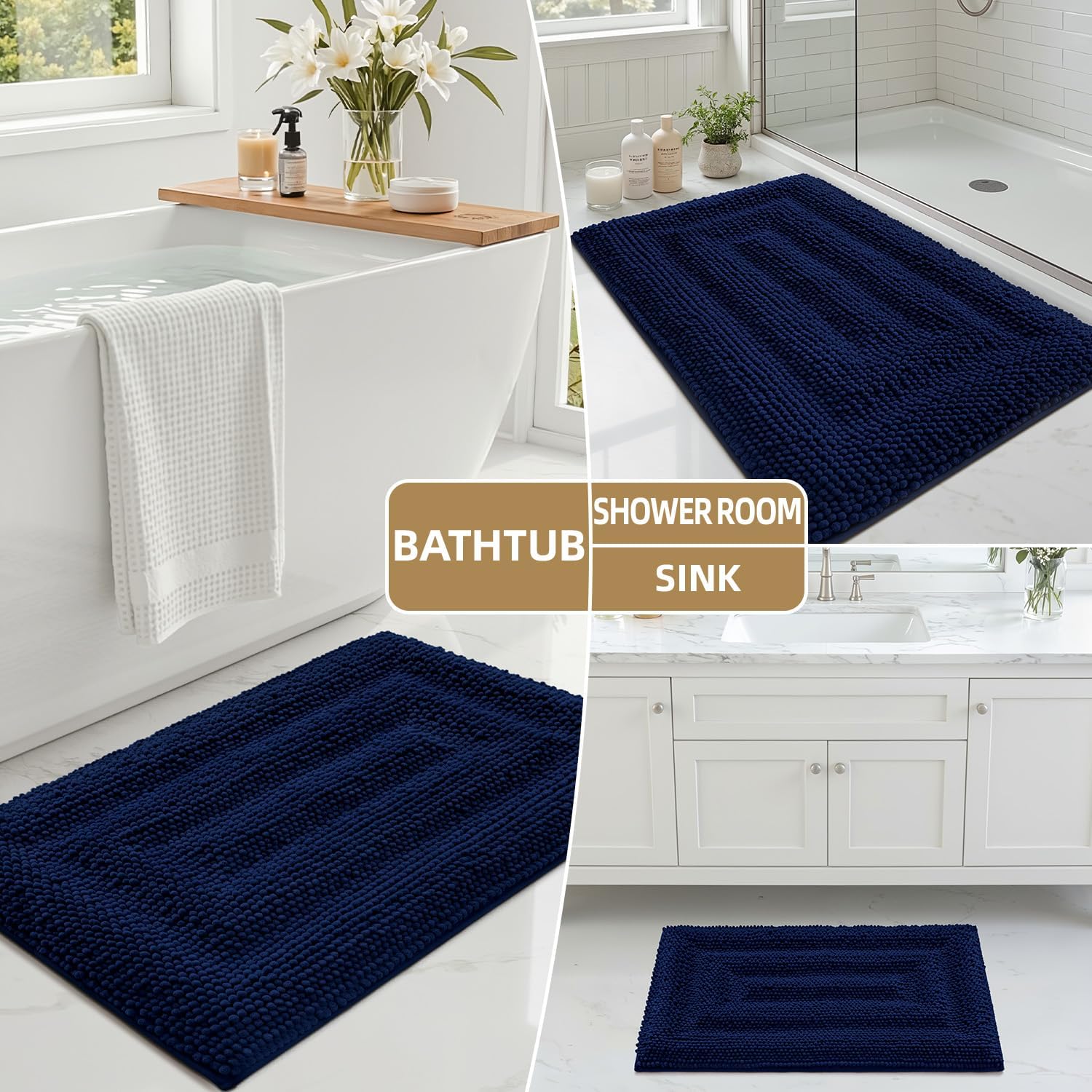 Color&Geometry 24x16 Ultra Soft Chenille Blue Bathroom Rugs, Non-Slip Bath Mat with Elastic Fabric Backing, Super Absorbent and Washable Shower Mats for Inside Shower,Tub,Bathroom, Navy Blue