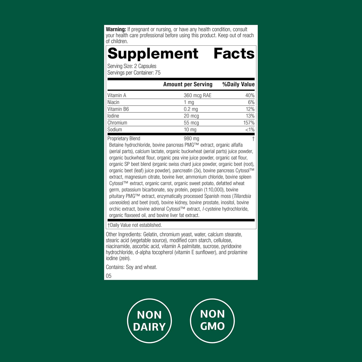 Standard Process Diaplex - Supplement for Pancreas & Gallbladder Support - Contains Chromium & Antioxidant Vitamin A - Non-Dairy - 150 Capsules (75 Servings) - Image 2