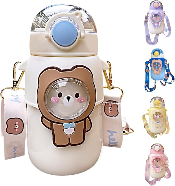 Aisen Kawaii Bear Water Bottle, 720ml Cute Driking Bottle wiht Straw, Plastic Water Bottle for Girls Teenager, for Daily Outdoor Sports Working (White)