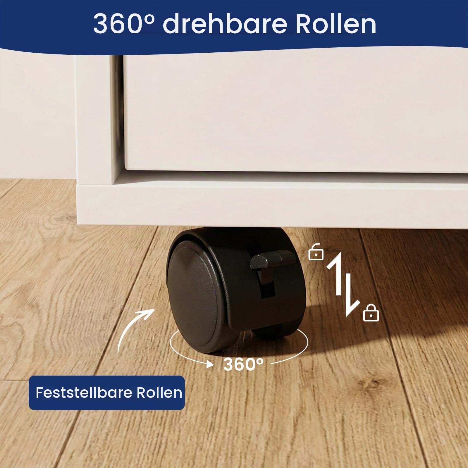 Rollcontainer mit 5 Schubladen, Mobiler Aktenschrank mit 4 Rollen, Holz Büroschrank Schreibtisch Unterschrank, Schmal Schubladenschrank Druckerschrank Weiß, 40.5cm Breit
