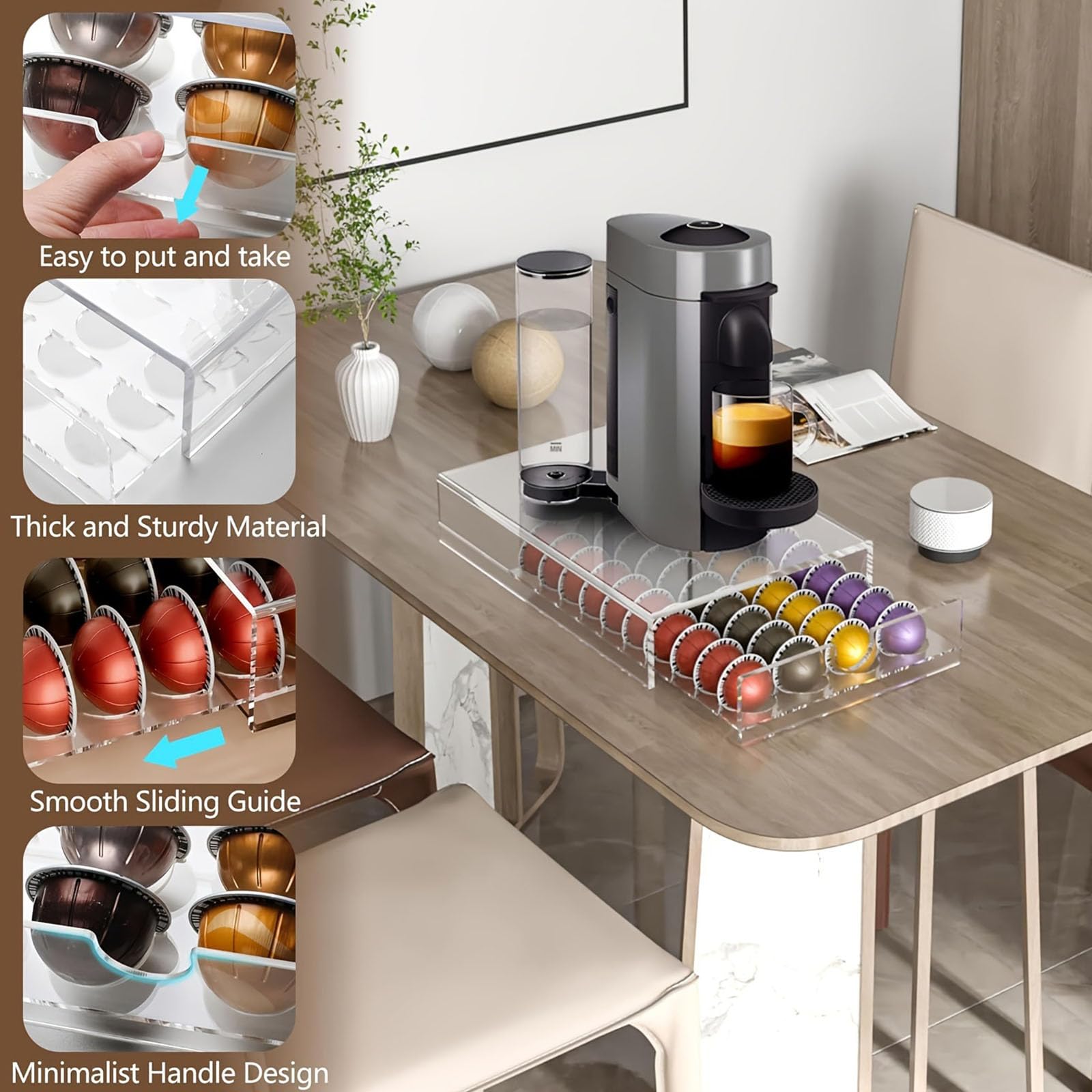 Organizador de cápsulas de café de acrílico transparente con 40 ranuras de almacenamiento para ahorrar espacio, cajón dispensador de cocina, caja de almacenamiento transparente