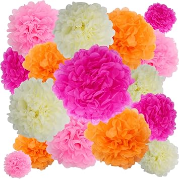 BestoFun 16 PCS Hot Pink Orange Cream Party Decorations Tissue Paper Flowers Pom Poms Decorations for Girl Groovy Birthday Baby Shower Wedding Bachelorette Room Wall Hanging Decor