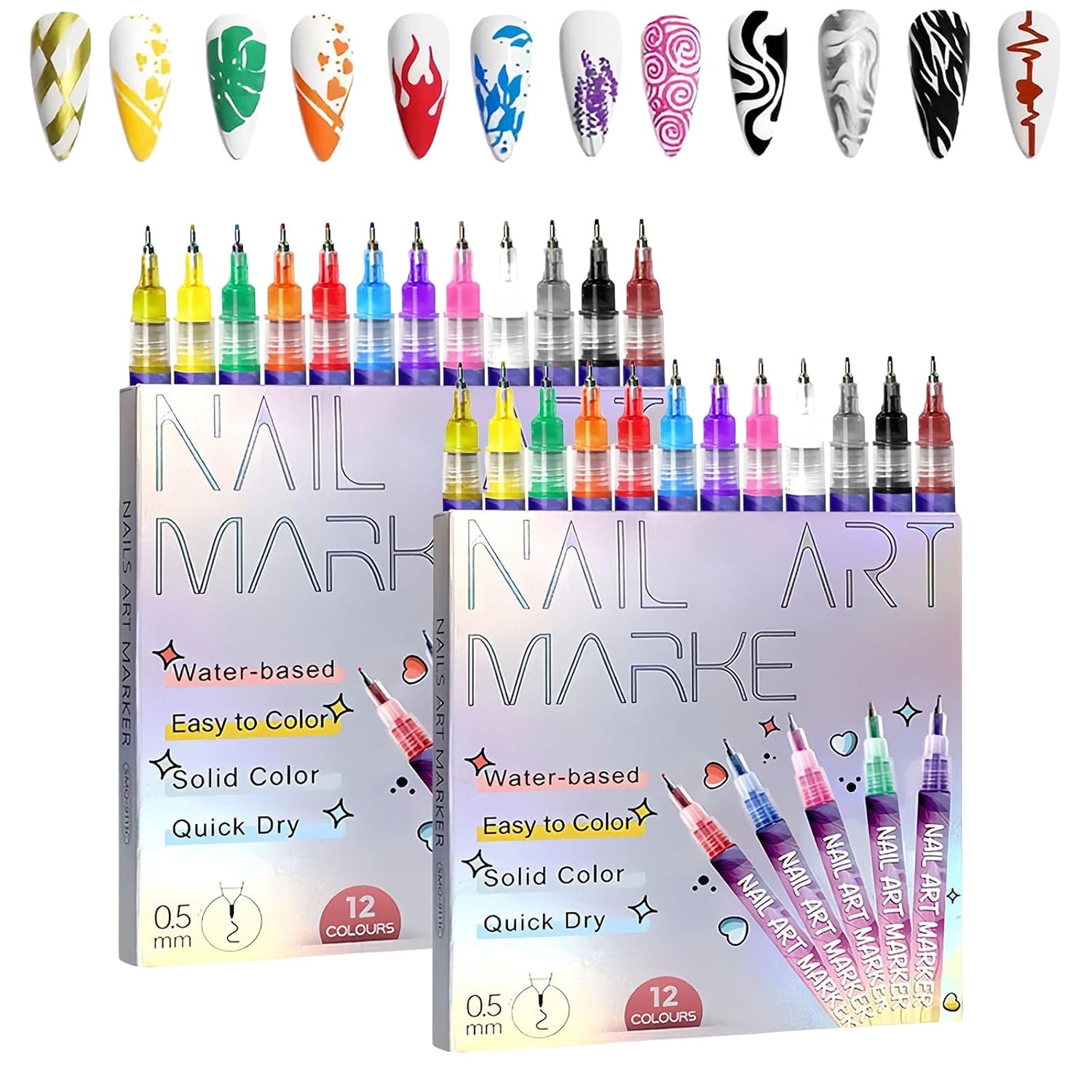 12 Color 3D Nail Art Pens Set, Nail Polish Pens Quick Dry, DIY Nails Arts Marker Drawing Painting Liner Pen (2 Set)