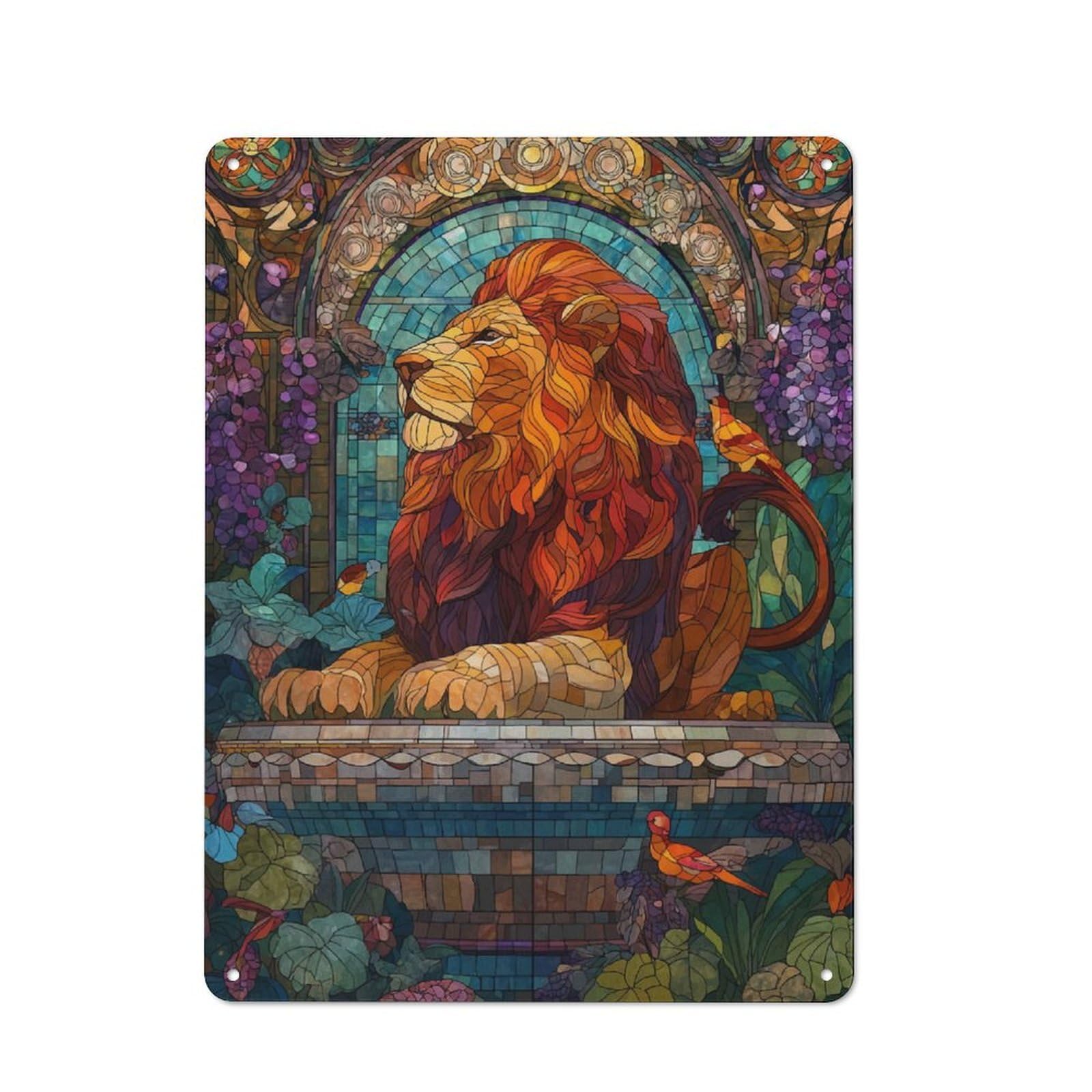 Stained Glass Lion with Birds Retro Metal Wall Decor 40x30cm, Tin Wall Sign for Bakery, Diner, Cafe Or Family Room