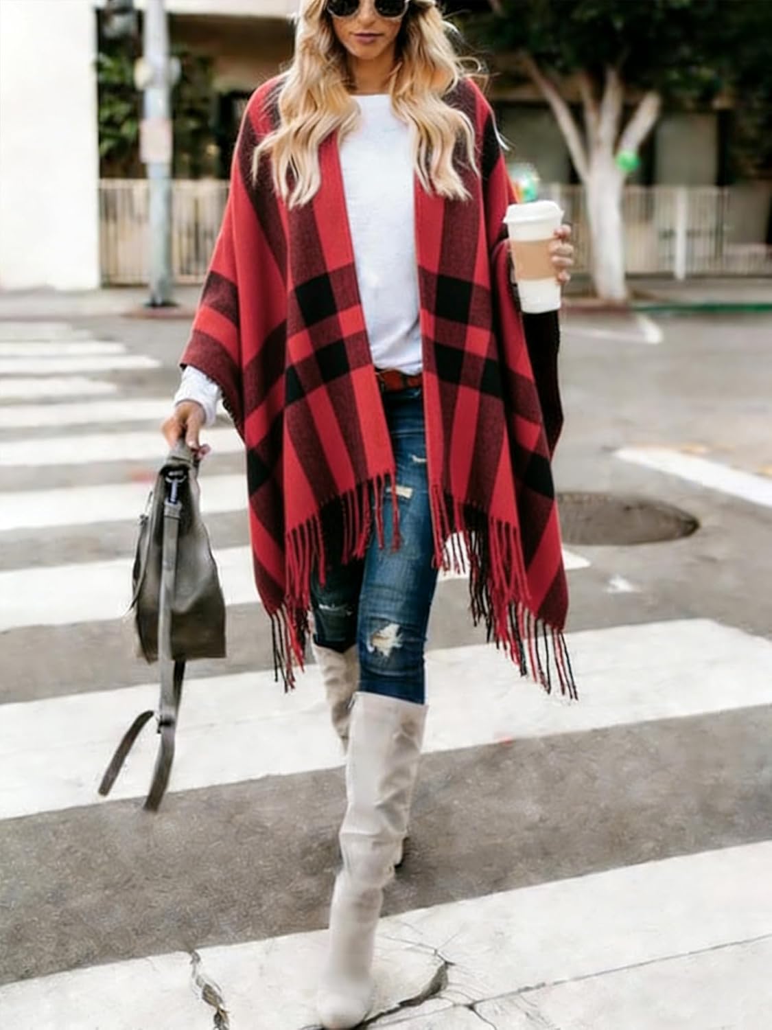 Moss Rose Women's Travel Plaid Shawl Wrap Open Front Poncho Cape for Fall Winter - Image 4