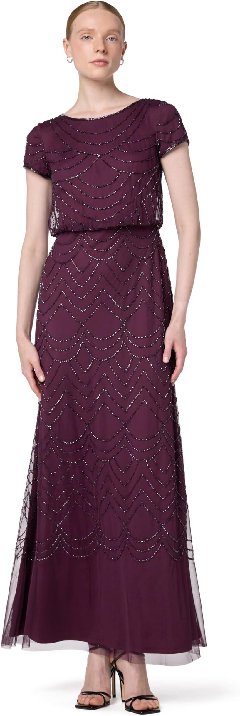 Womens Short Sleeve Blouson Beaded Gown