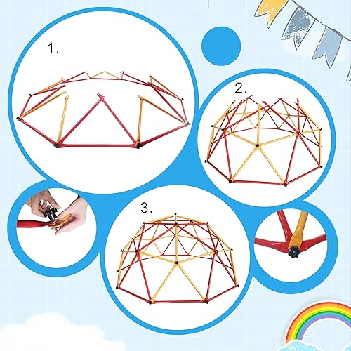 Miniatura 6 de Escalador de cúpula geométrica, juego para niños pequeños al aire libre, gimnasio de jungla para exteriores, soporta 500 libras (rojo + amarillo, 7