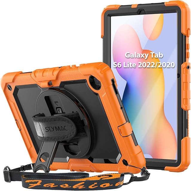 SEYMAC Galaxy Tab S6 Lite 2022/2020 (10.4 Inch) Case, Shockproof Case with Shoulder Strap[360 Rotating Hand Strap/Stand, Pencil Holder]Screen Protector for Samsung S6 Lite for Kids, Orange