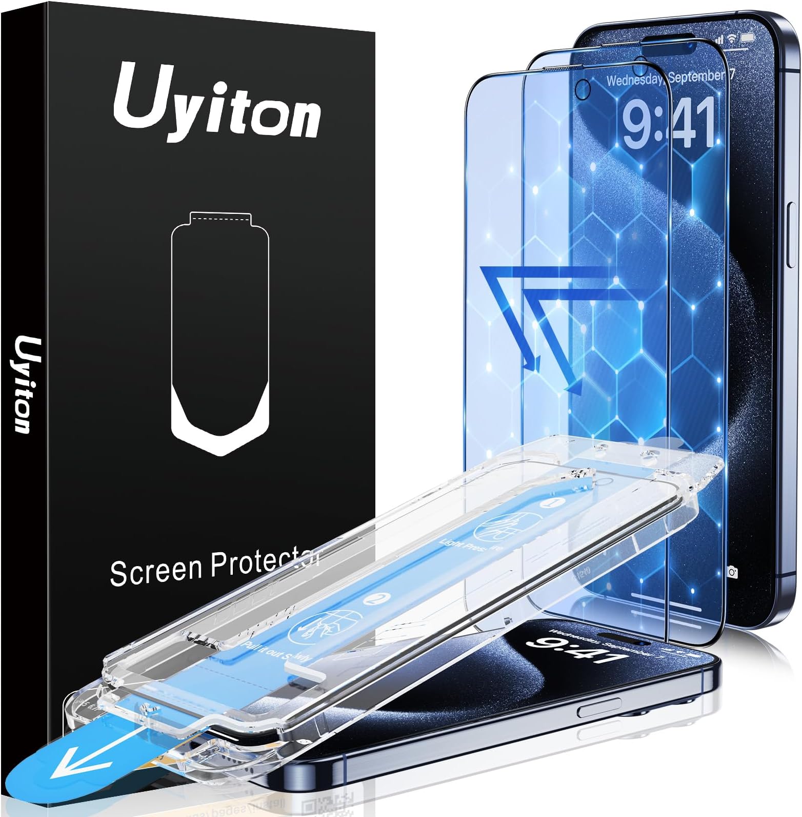 Uyiton Anti-Blue Light for iPhone 15 Pro Max Screen Protector - Unbreak-Glass Full Coverage Case Friendly Scratch Resistance 9H Tempered Glass Screen Protector for iPhone 15 Pro Max, 2 Pack