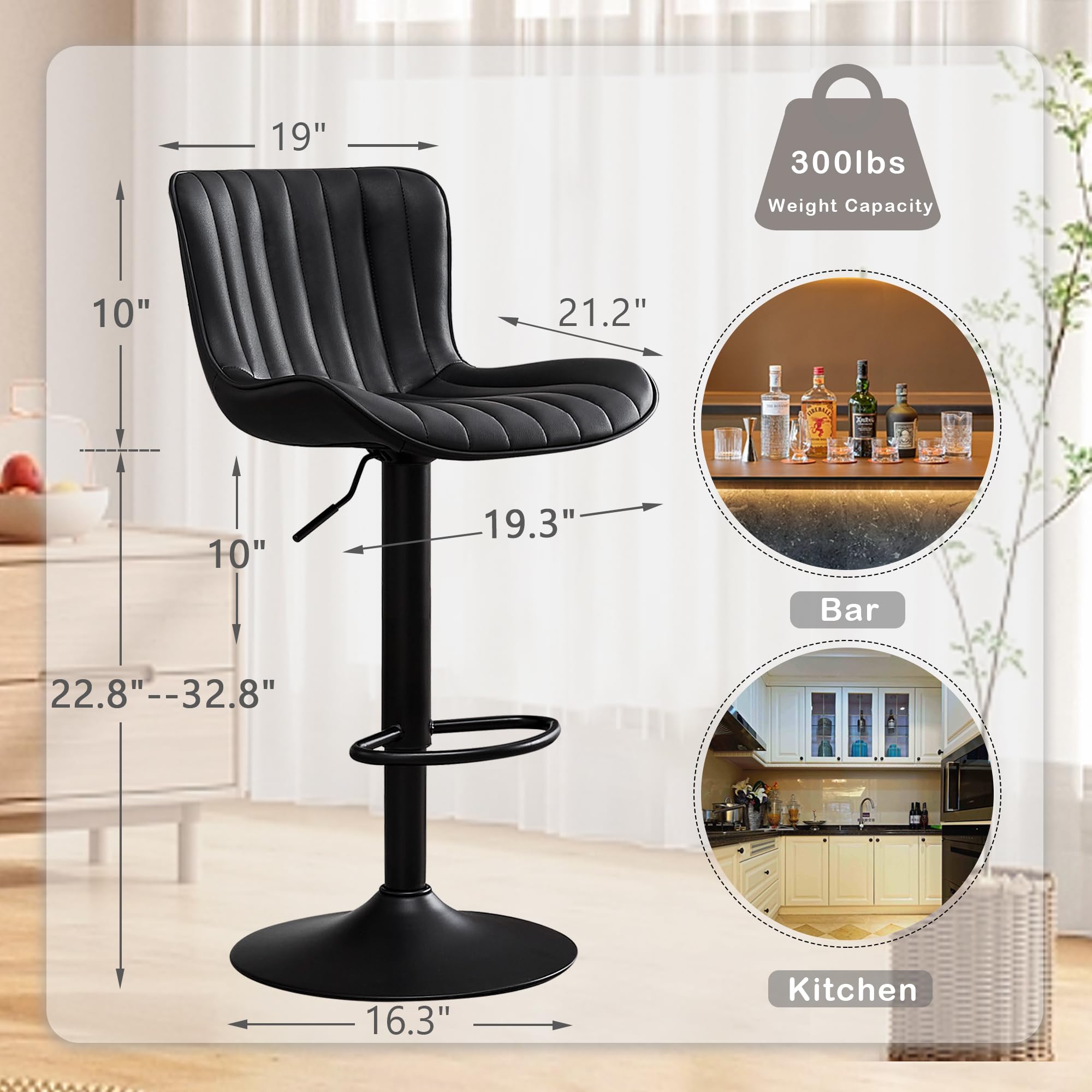 Kidol & Shellder Bar Stools Set of 2 Black High Back Barstools Counter