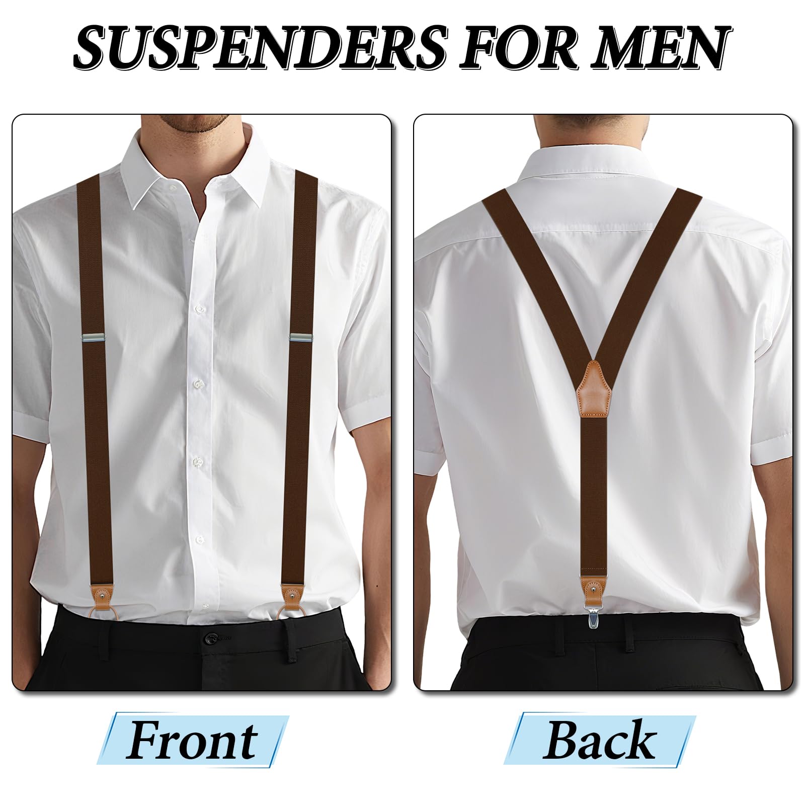 Generisch Szelki męskie szerokie 3,5 cm elastyczne Suspenders Men kształt litery Y, ciemnobrązowy, 120 | Szelki męskie, regulowane, antypoślizgowe, zdejmowane, 3 klipsy, 6 sztuk, skórzane dziurki na guziki