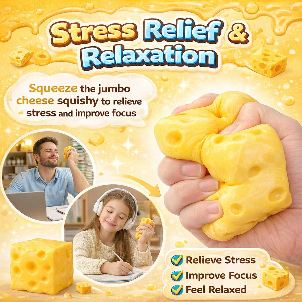 Big Squishy Cheese – 4.3In Giant Cheese Squishy Toy for Stress Relief, Extra Large Cheese Block, Squeeze Cheese Squishy, Soft Cheeses Cube, Fun Gift for All Ages