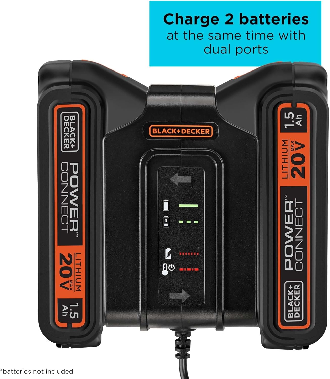 BLACK+DECKER 20v Lithium Battery Charger, Dual Charger Station with 2 LED Indicators, Compatible with 20V Batteries, Fast Power Tool Battery Chargers, Tool Only (BDDC201B) - Image 2