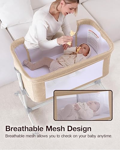 Miniatura 4 de Larex Cuna de bebé, cuna 3 en 1 para recién nacido, cuna portátil ajustable de 7 alturas con colchón y ruedas, color caqui