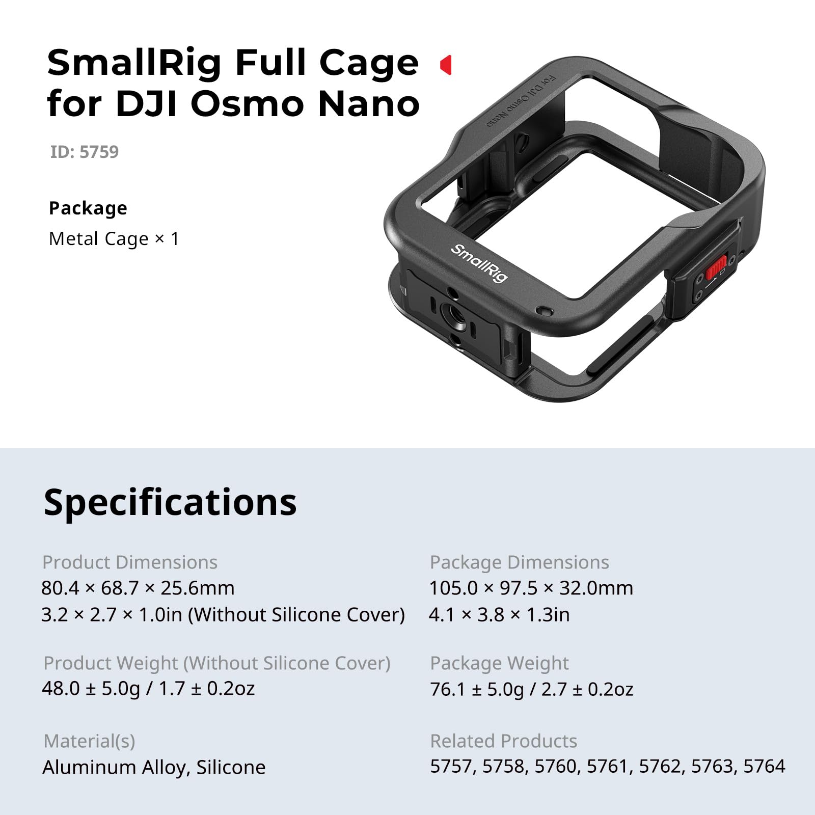SmallRig Gabbia completa per DJI Osmo Nano, supporto per telaio protettivo, sblocco one-touch dell'alloggiamento di espansione, con slitta a contatto freddo e fori filettati da 1/4"-20 -5759