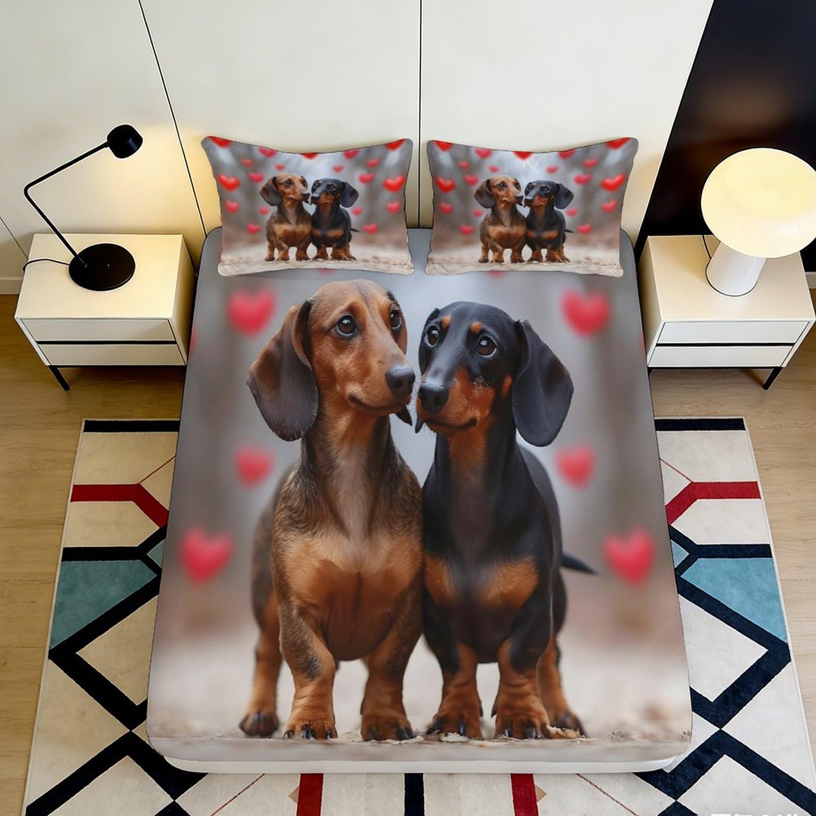 Uynsixtme Style-7 3D Printed Dachshund Design Fitted Sheet Microfiber Bedroom Bedding Deep Pocket Dachshund Mattress Fitted Cover Non-Slip 200X200x25cm