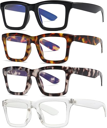 Paquete de 4 lentes de lectura estilo Oprah para mujeres y hombres con bloqueo de luz azul, para computadora, cuadrados, de metal