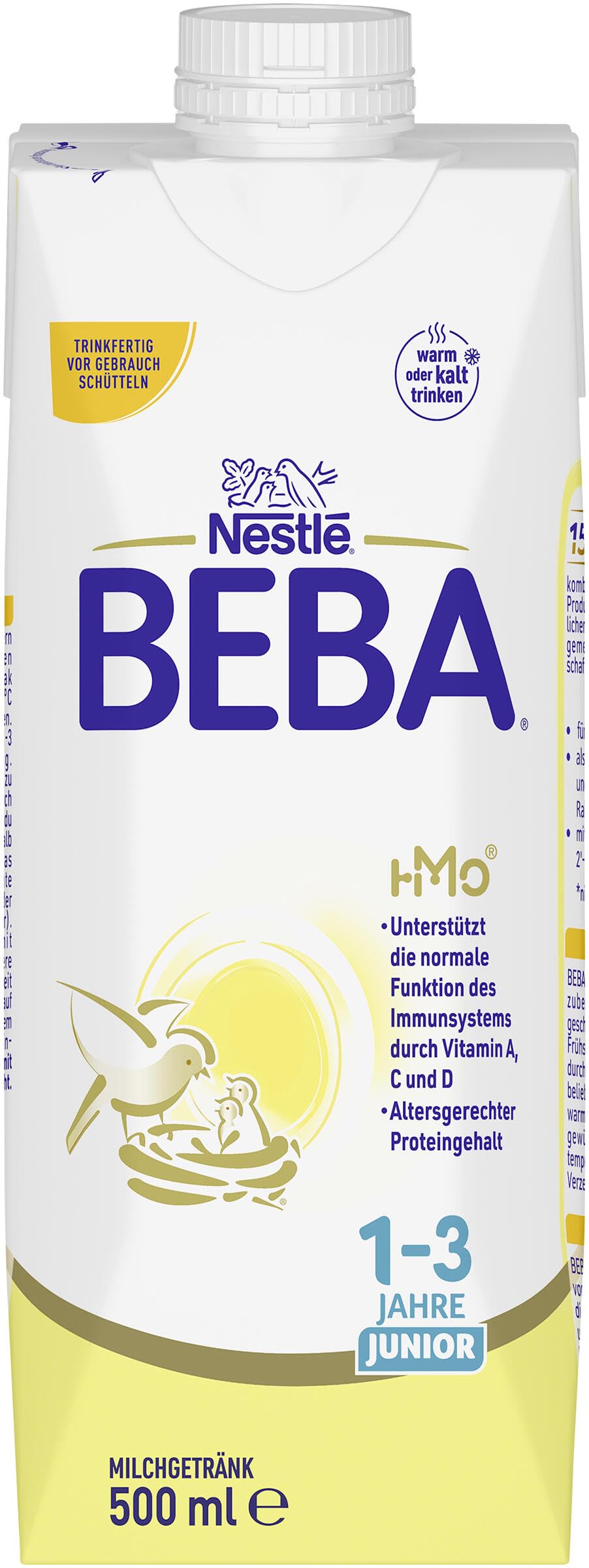 BEBA Junior 1-3 Jahre Milchgetränk trinkfertig, Mit HMO, Altersgerecht angepasster Proteingehalt, Ohne Palmöl, Ohne Fischöl, Kleinkindnahrung, 12er Pack (12 x 500ml)