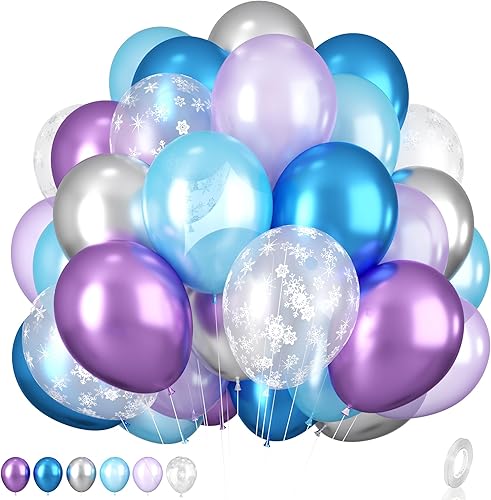 Globos de Frozen, globos morados, azules, blancos y plateados de 12 pulgadas con globos de copo de nieve para niñas, suministros de fiesta temática