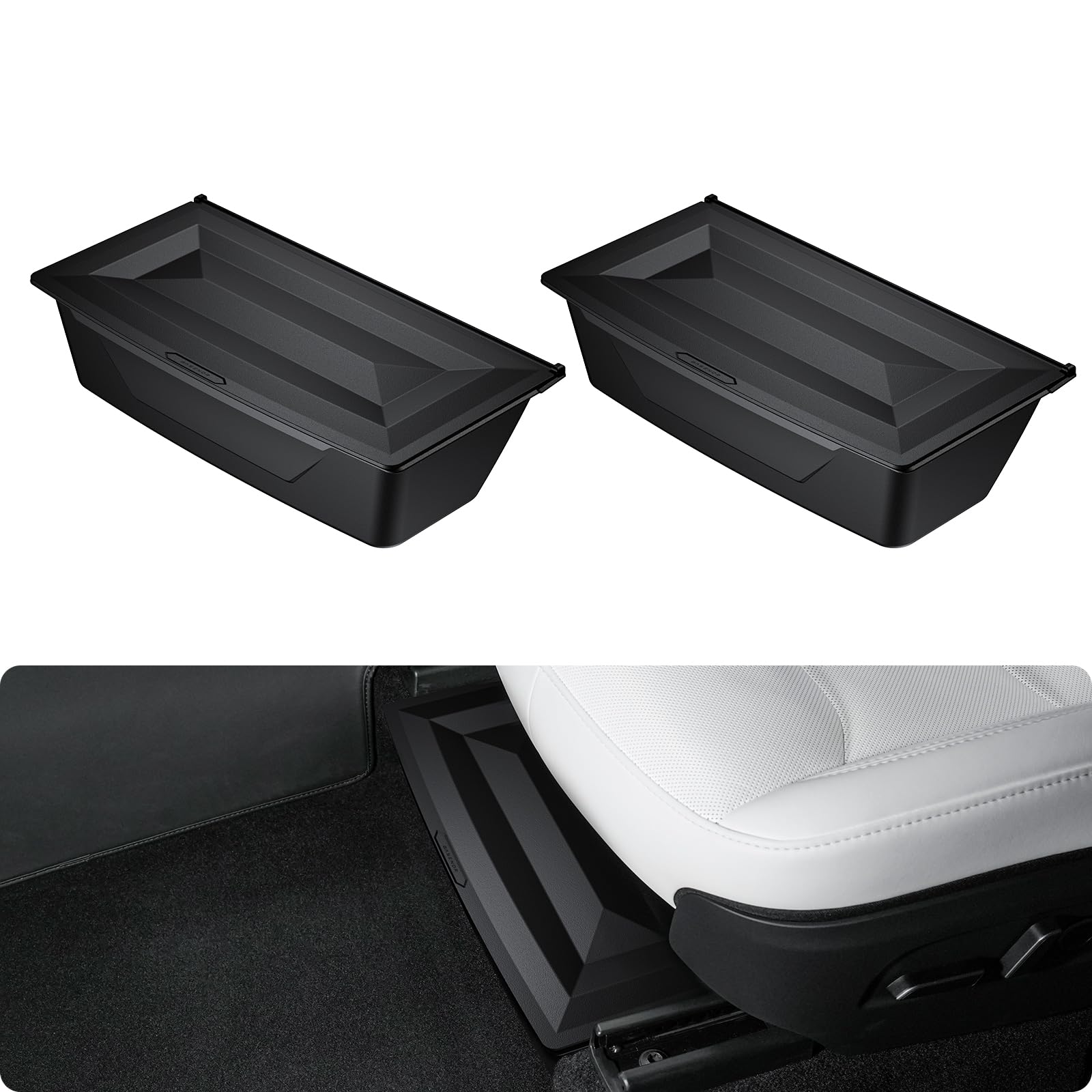 BASENOR 2 piezas 2026 Tesla Model Y Juniper Caja de almacenamiento debajo del asiento, bandeja organizadora oculta con tapa antipolvo, almacenamiento debajo del asiento para 2025 2026 Model Y Juniper