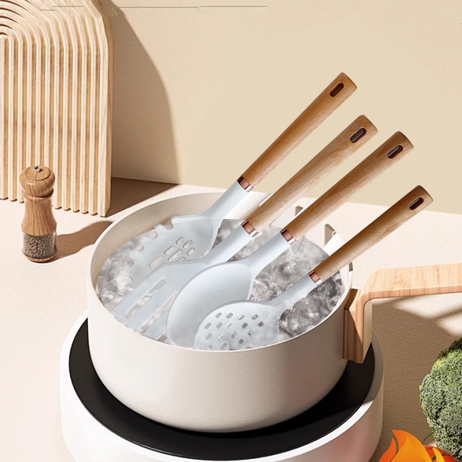 Set di 13 utensili in silicone con manico in legno, antiaderenti, lavabili in lavastoviglie, utensili da cucina senza BPA, resistenti al calore (230 °C/230 °C) padella in ceramica sicura