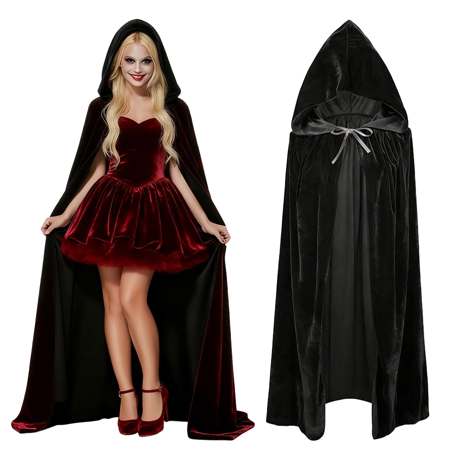 Pinkgarden Velvet Hooded Cloak for Adults, Unisex Halloween Cape, Witch Cosplay Costume, Long Hooded Robe for Party & Fancy Dress (Black, 130cm)