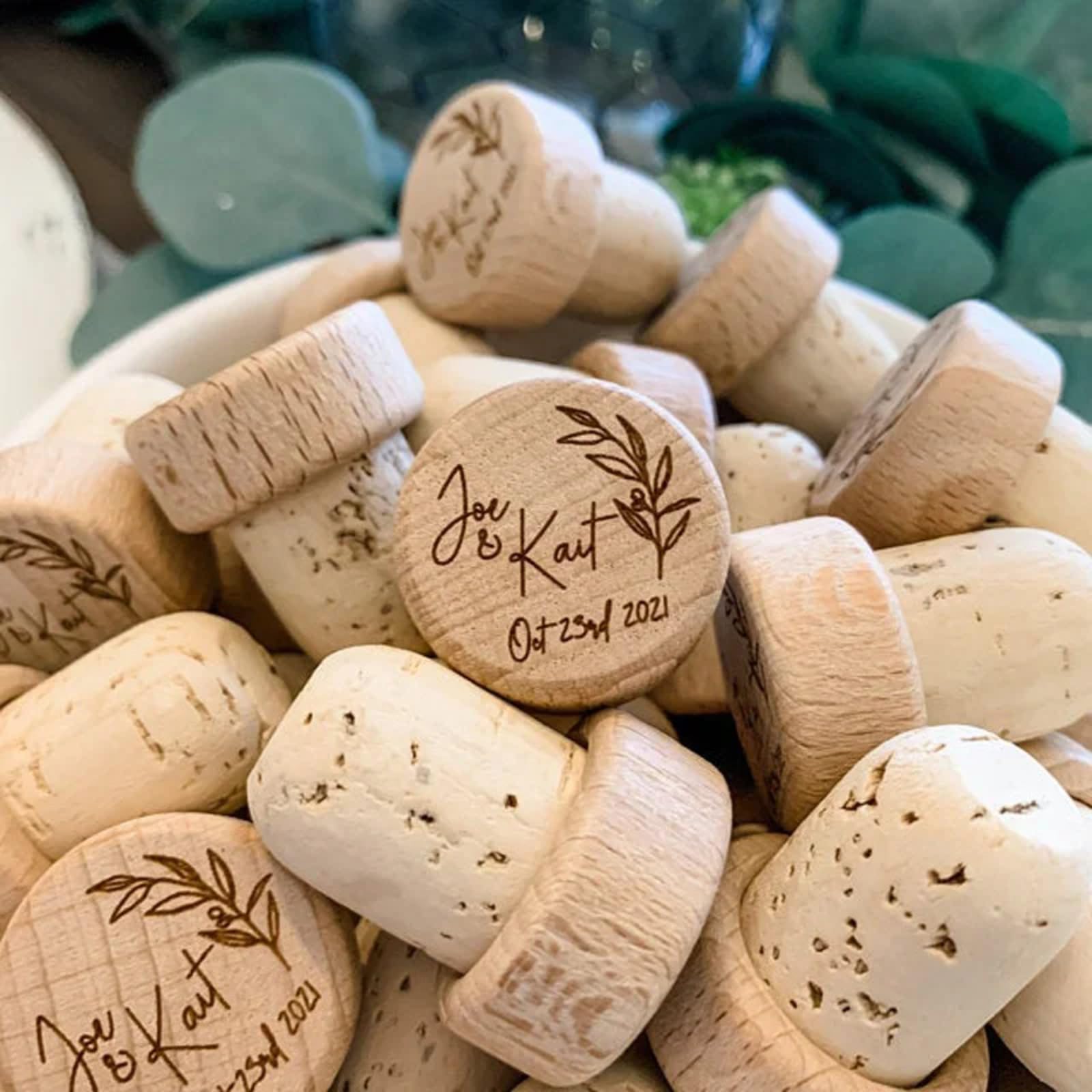 Tapones de corcho de vino de madera personalizados, tapón de corcho personalizado, ideas de fiesta de boda, recuerdos de agradecimiento para invitados, tapones de vino para boda (100 unidades)