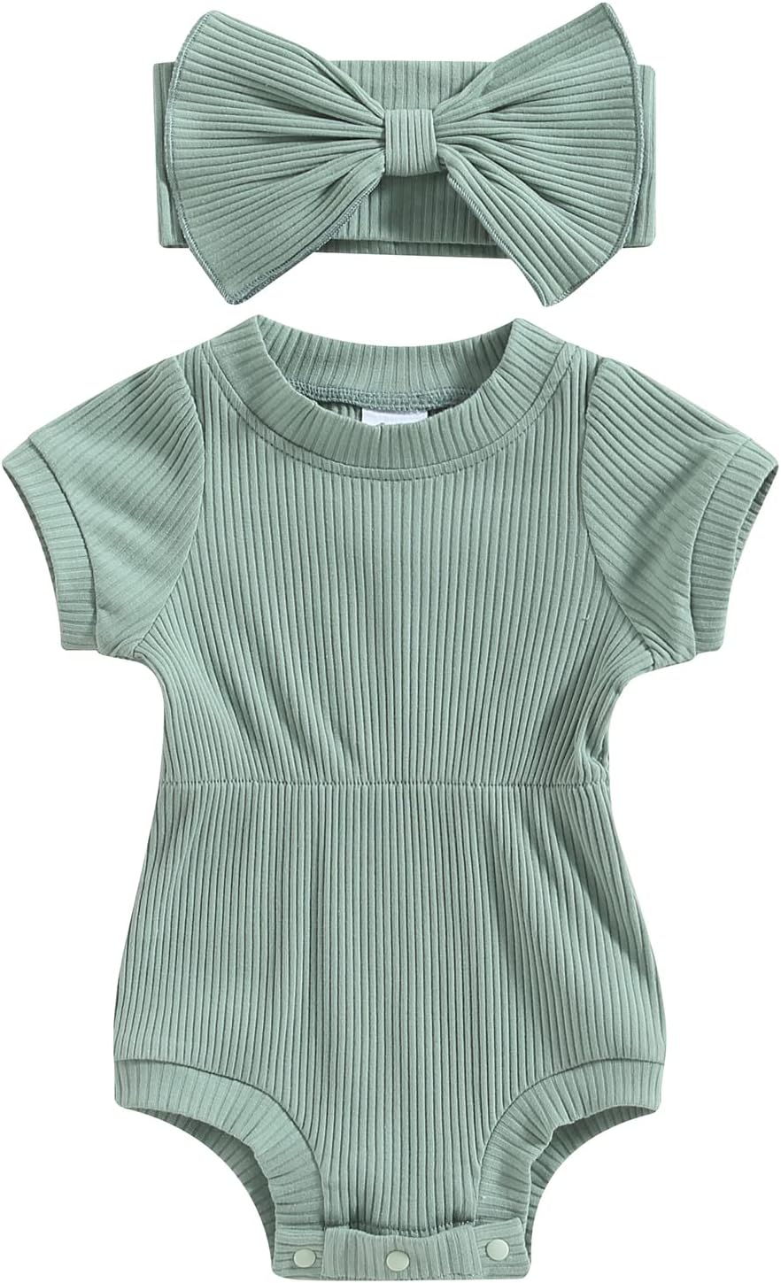 Newborn Baby Girl 2 Piece Outfits Short Sleeve Knit Jumpsuit Romper with Headband Summer Clothes